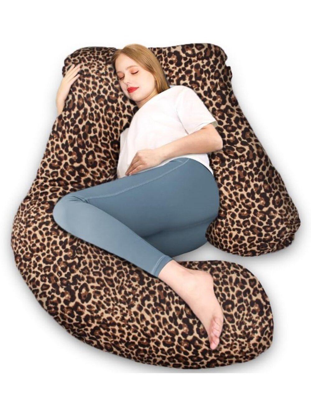 Cozy U-Shaped Pregnancy Pillow for Full Body Support, Removable Cover, Leopard